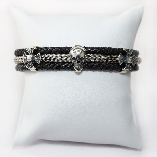Picture of AXION Sterling Silver Black Genuine Leather Flex Bracelet