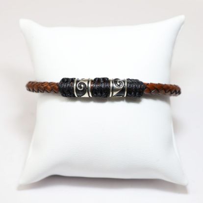 Picture of Sterling Silver Brown Leather Bracelet with Greek Key Meanders Motif