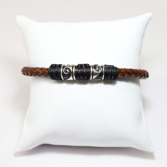 Picture of Sterling Silver Brown Leather Bracelet with Greek Key Meanders Motif