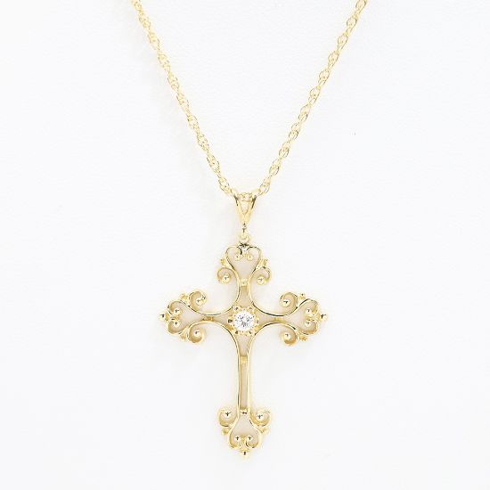 Picture of 14k Yellow Gold Filigree Diamond Cross Pendant