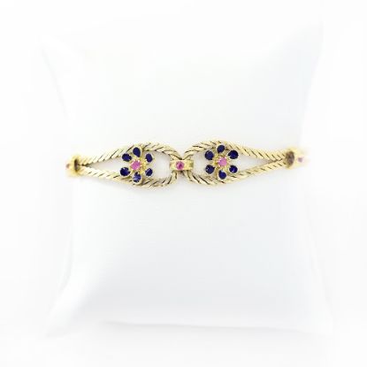 Picture of Vintage 18k Yellow Gold Blue Enamel & Pink Sapphire Floral Bracelet