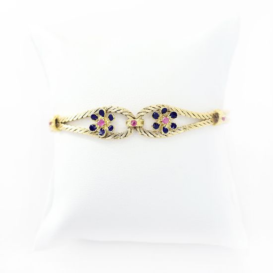 Picture of Vintage 18k Yellow Gold Blue Enamel & Pink Sapphire Floral Bracelet