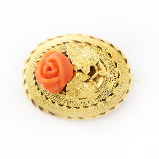 Picture of Antique 14k Yellow Gold & Coral Rose Victorian Brooch