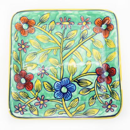 Picture of Square Hand Painted Plate, Green & Gold Floral