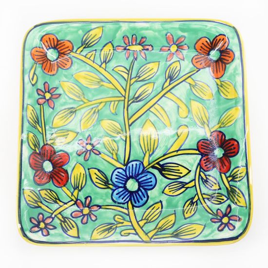 Picture of Square Hand Painted Plate, Green & Gold Floral