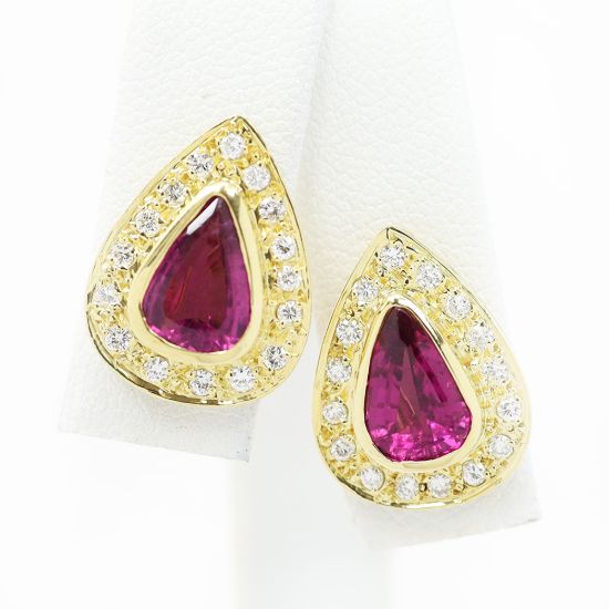 Picture of 18k Yellow Gold Pear Rubellite Tourmaline & Diamond Halo Stud Earrings