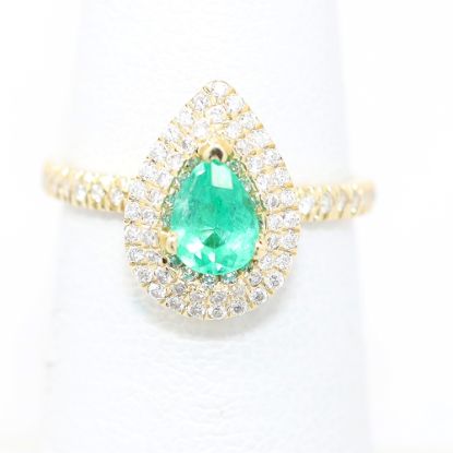 Picture of 14k Yellow Gold Pear Cut Emerald & Brilliant Diamond Halo Ring