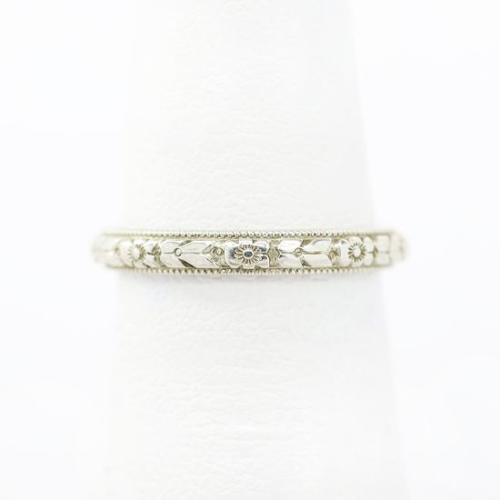Picture of Antique 18k White Gold Floral Motif Wedding Band with Milgrain Detailing