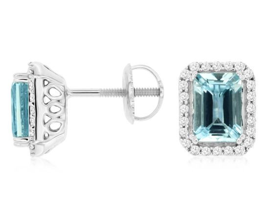 Picture of 14k White Gold Emerald Cut Aquamarine & Diamond Halo Stud Earrings