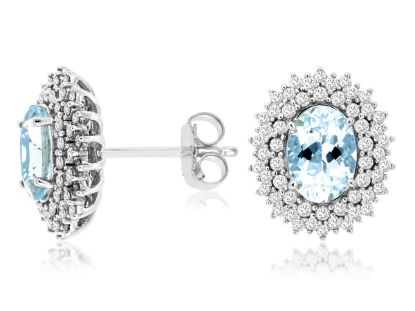 Picture of 14k White Gold Oval Aquamarine & Diamond Halo Stud Earrings