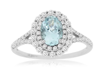 Picture of 14k White Gold Oval Cut Aquamarine & Diamond Halo Ring
