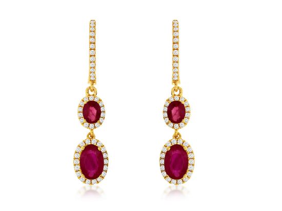 Picture of 14k Yellow Gold Oval Ruby & Diamond Halo Hoop Drop Earrings