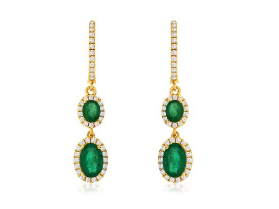 Picture of 14k Yellow Gold Oval Emerald & Diamond Halo Hoop Drop Earrings