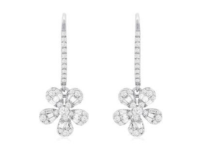 Picture of 14k White Gold Diamond Flower Dangling Hoop Earrings