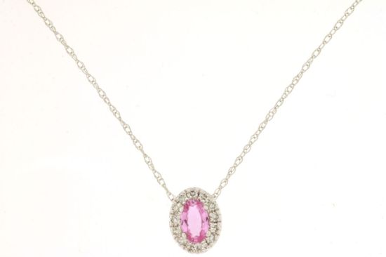 Picture of 14k White Gold Oval Pink Sapphire & Diamond Halo Pendant