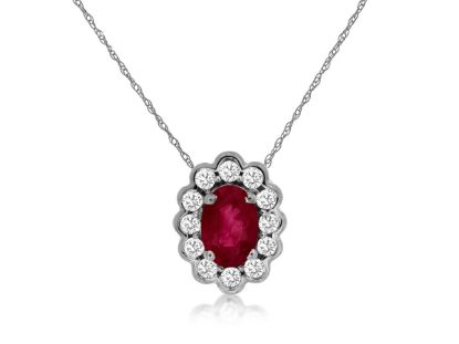 Picture of 14k White Gold Oval Ruby & Diamond Halo Pendant