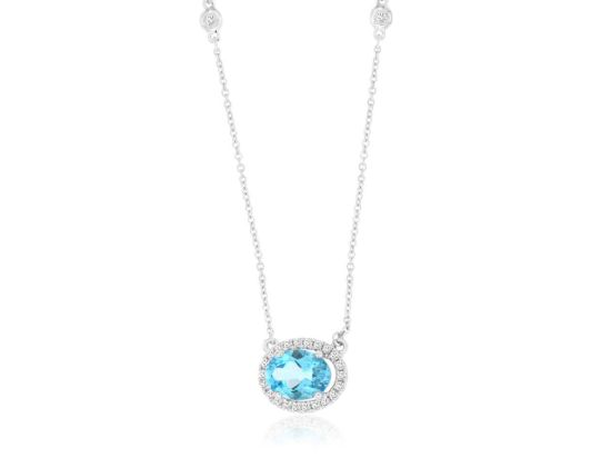 Picture of 14k White Gold Blue Topaz & Diamond Halo Station Pendant