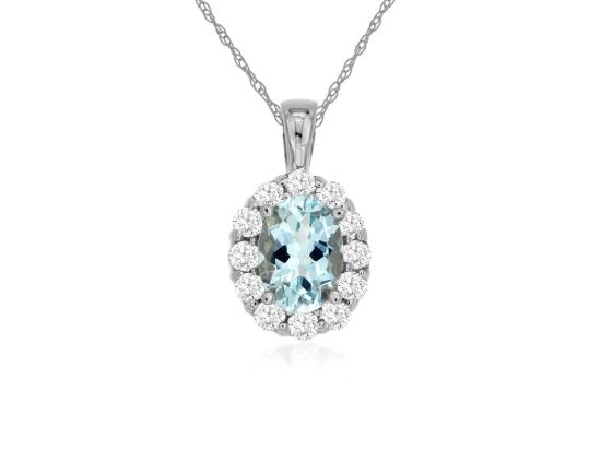 Picture of 14k White Gold Oval Aquamarine & Diamond Halo Pendant