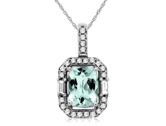 Picture of 14k White Gold Emerald Cut Aquamarine & Brilliant Diamond Halo Pendant