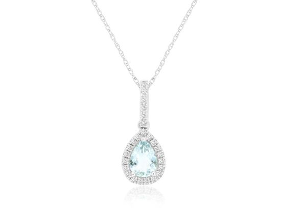 Picture of 14k White Gold Pear Cut Aquamarine & Diamond Halo Pendant