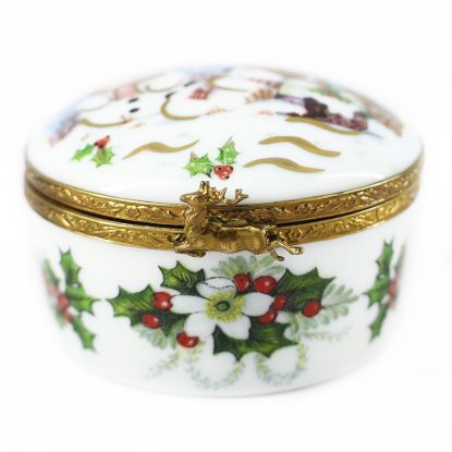 Picture of Limoges Traditional White & Gold Round Trinket Box With Snowmen and Mistletoe
