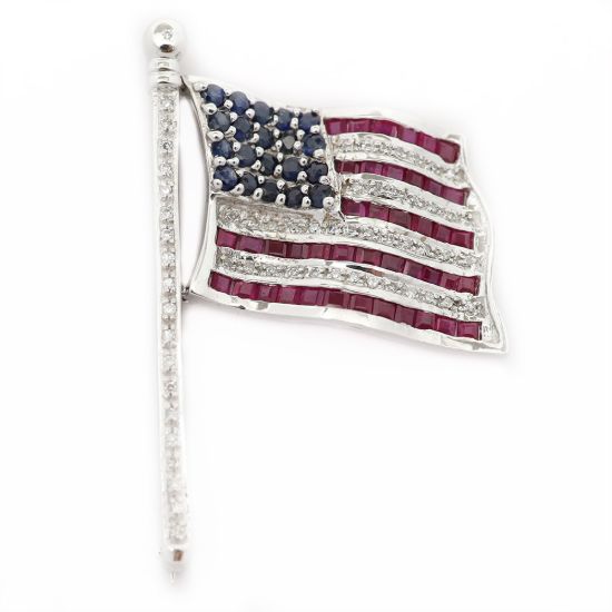Picture of 14k White Gold Diamond, Ruby, & Sapphire Flag Brooch