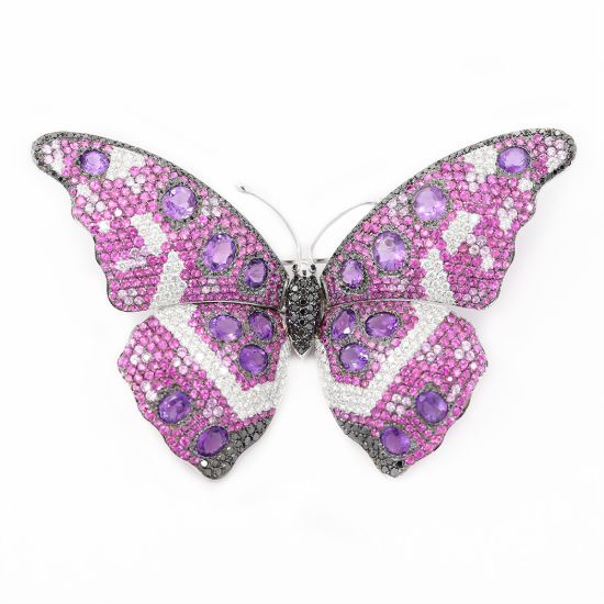 Picture of 18k White Gold Amethyst, Sapphire, & Diamond Butterfly Brooch