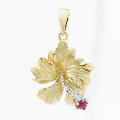 Picture of 14k Yellow Gold Ruby & Diamond Hibiscus Pendant